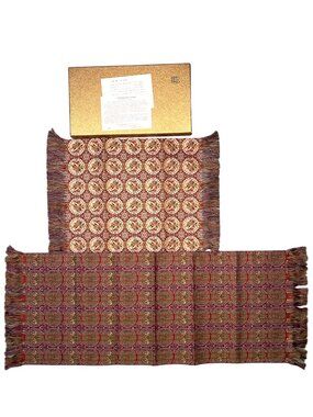 Vintage Japanese Silk Table Runner Set Nishiki Brocade Lion Pattern Fringe